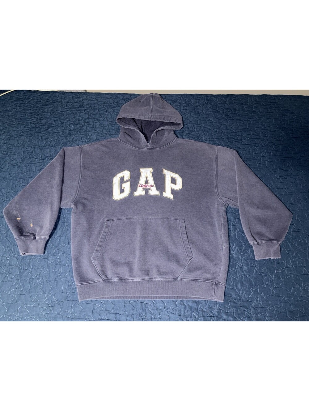 VTG 90's GAP ATHLETIC Hoodie sz SML Sweatshirt Navy Patch Spellout READ DESC…